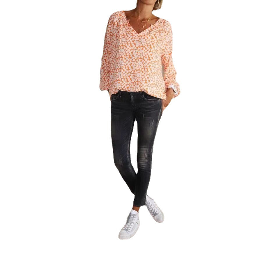 Printed Loose Long-sleeved Shirt Top T-shirt Women