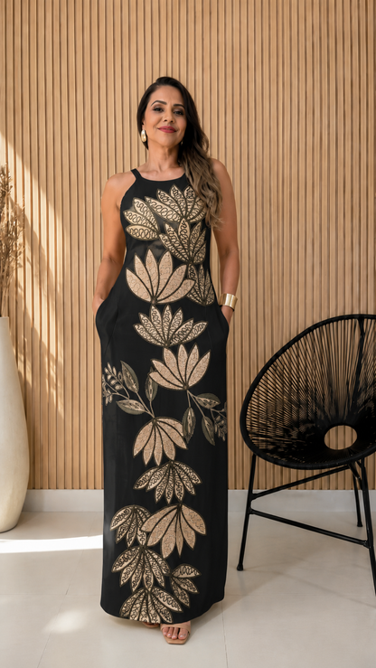 Leaf Embroidered Maxi Dress