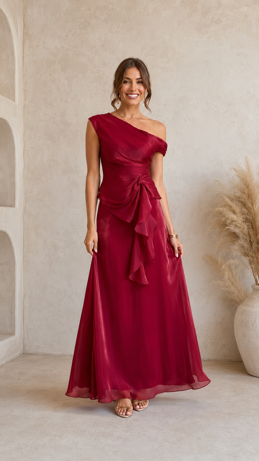 One Shoulder Ruffle Evening Gown