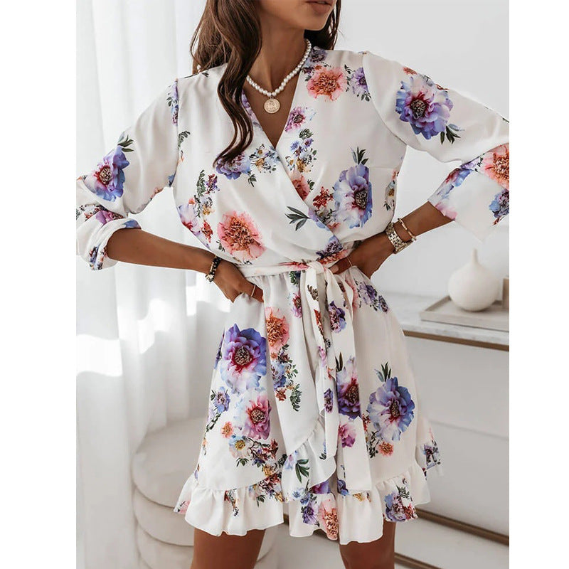 Irregular Ruffled Printed Dress Women