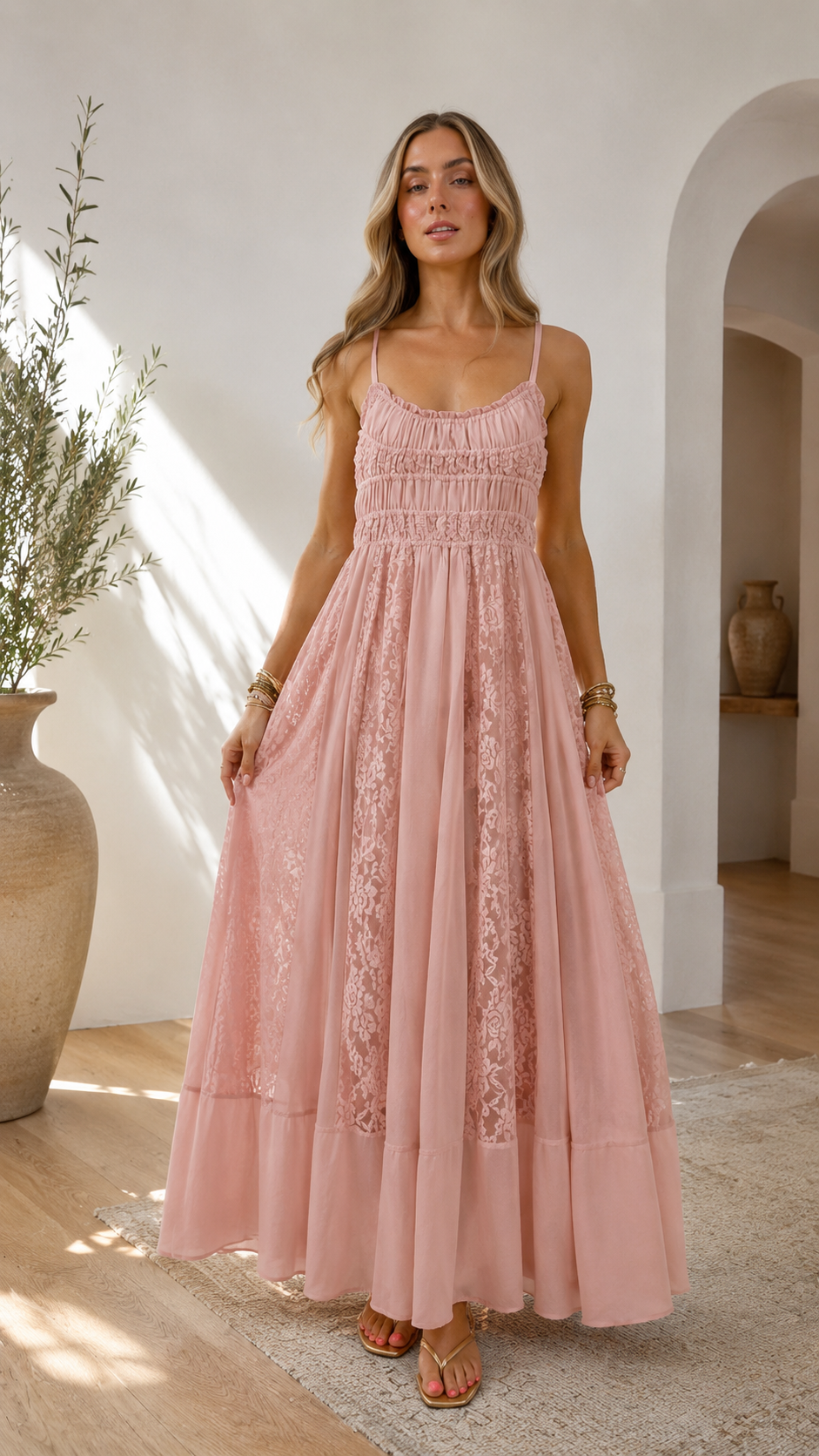 Ivory Lace Panel Smocked Maxi Dress