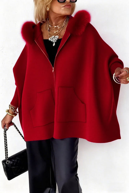 Ins Plush Hooded Cardigan Fashion Warm Pockets Zip-up Knitted Jacket Casual Outerwear Batwing Sleeve Sweater Women's Clothing