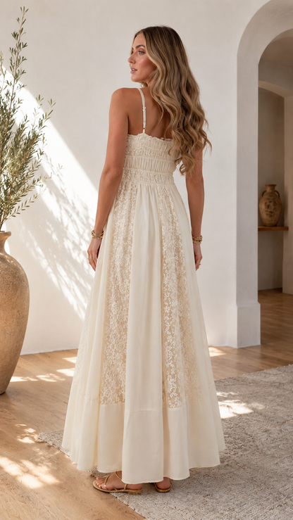 Ivory Lace Panel Smocked Maxi Dress