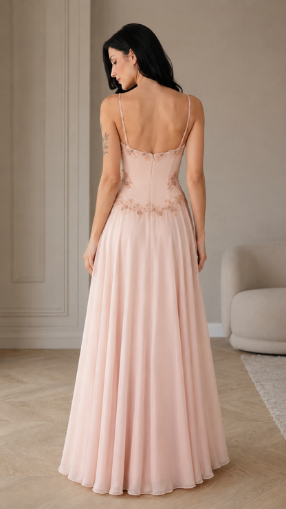 Floral Appliqué A-Line Evening Gown