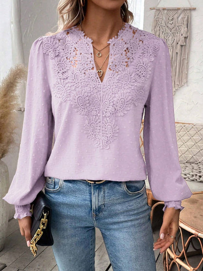 Lace Solid Color Long Sleeve Casual Women's Top