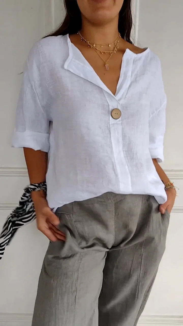 V-neck Long-sleeved T-shirt Fashion Loose Cotton And Linen Button Tops For Women
