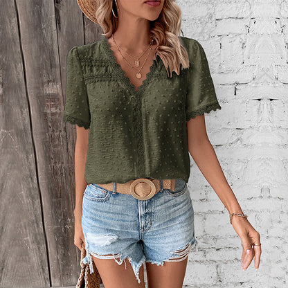 Lace V-neck T-shirt Summer Fashion Short-sleeved Blouse Shirt Women's Solid Color Clothing