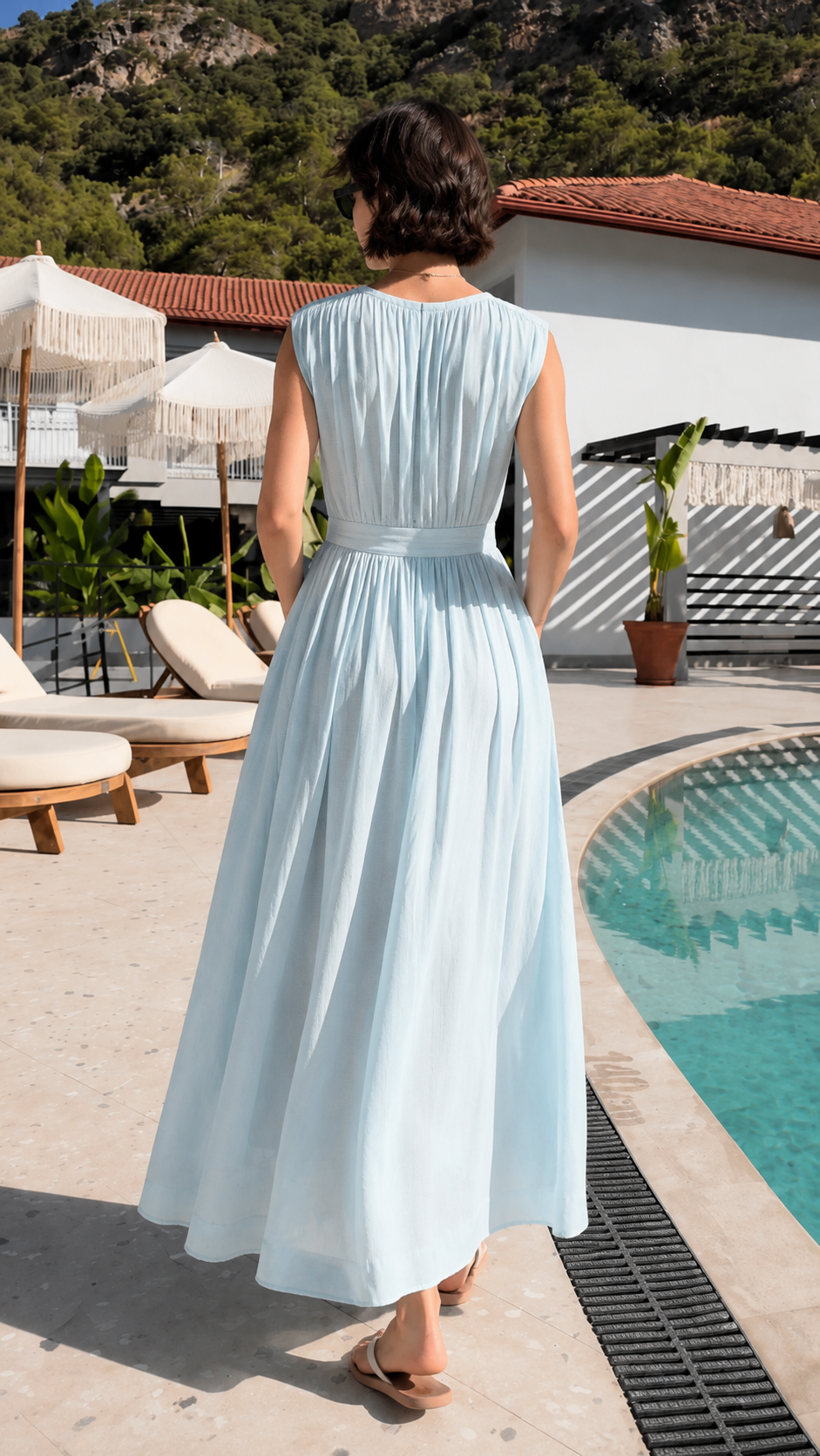 Powder Blue Belted V-Neck Resort Maxi Dress