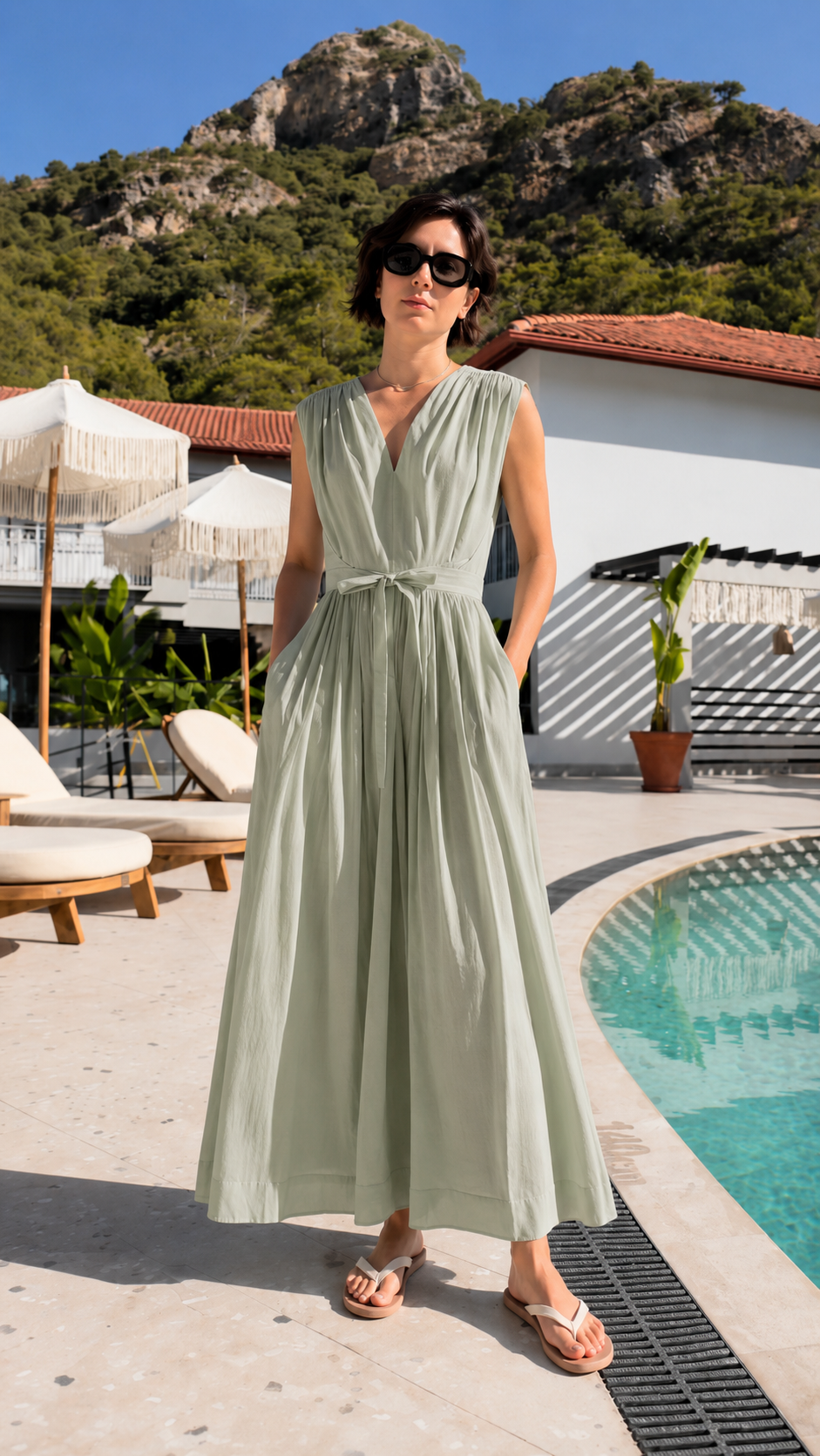 Powder Blue Belted V-Neck Resort Maxi Dress
