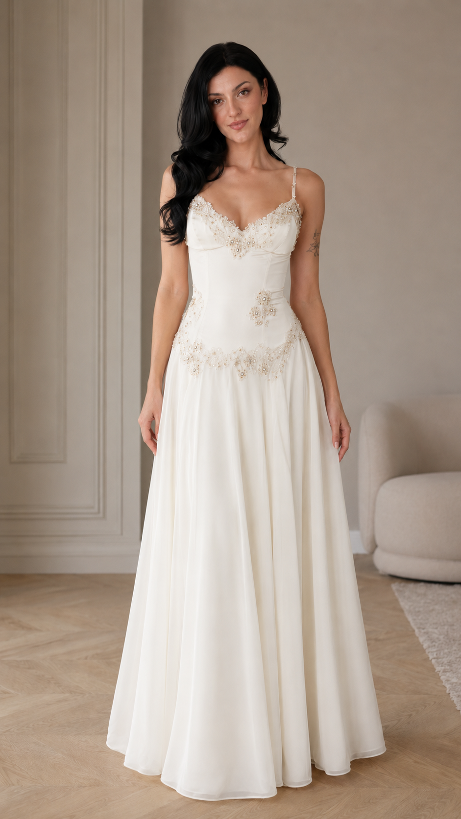 Floral Appliqué A-Line Evening Gown