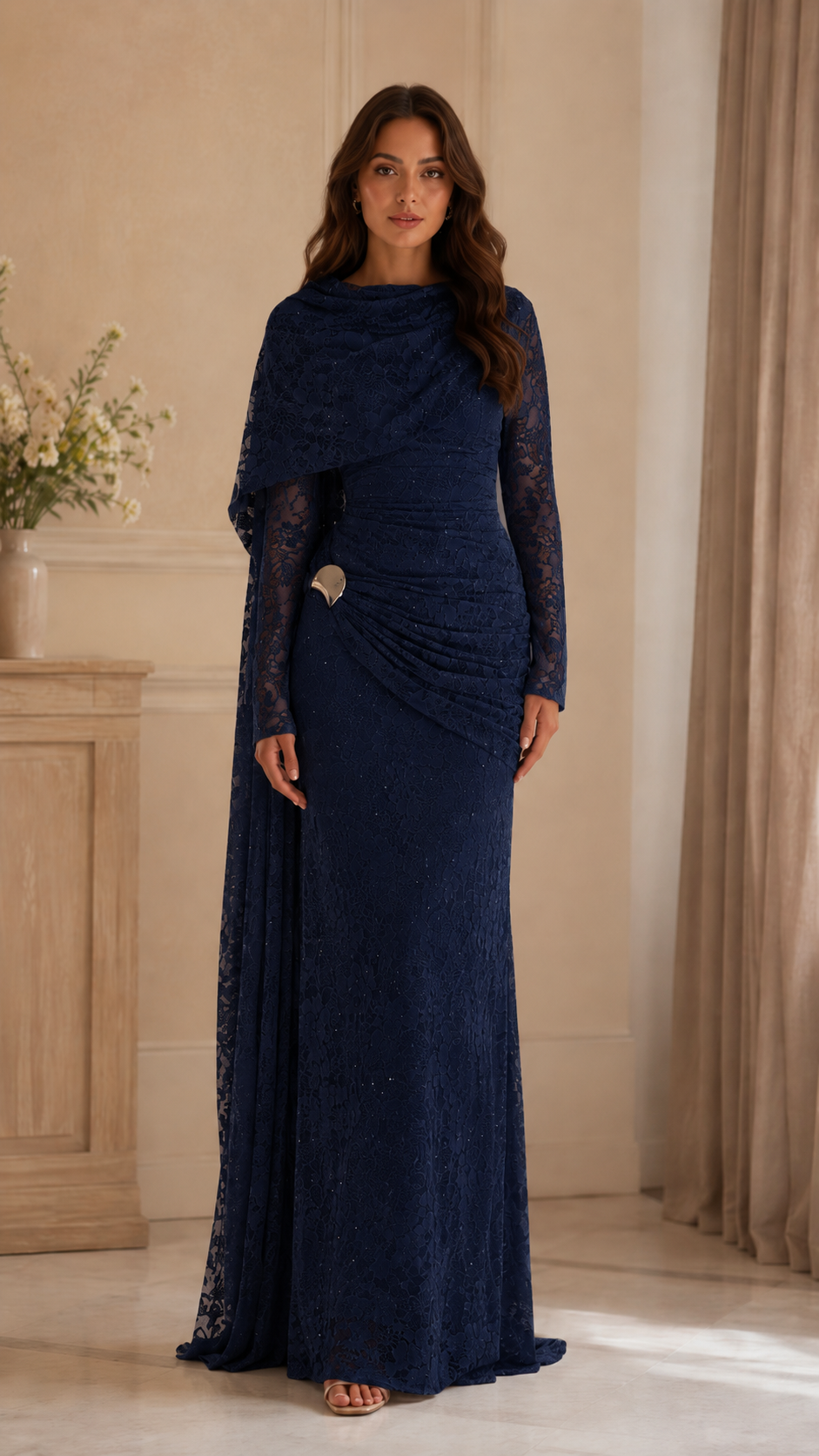 Lace Embellished Cape Sleeve Evening Gown