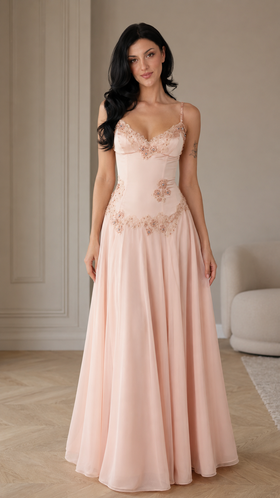 Floral Appliqué A-Line Evening Gown