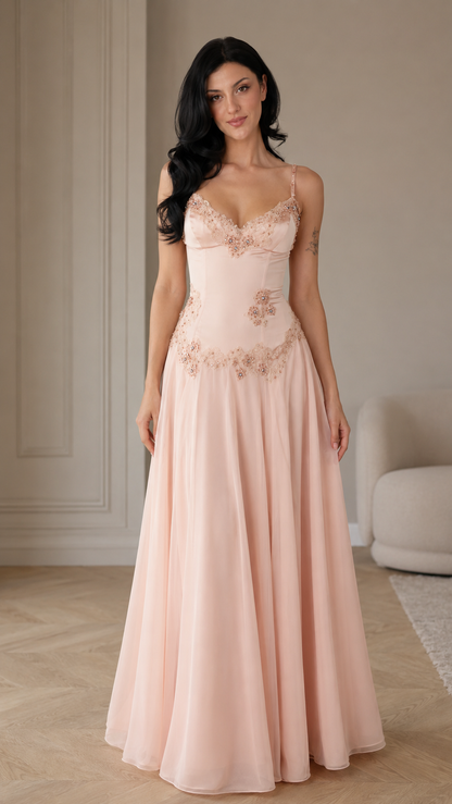 Floral Appliqué A-Line Evening Gown