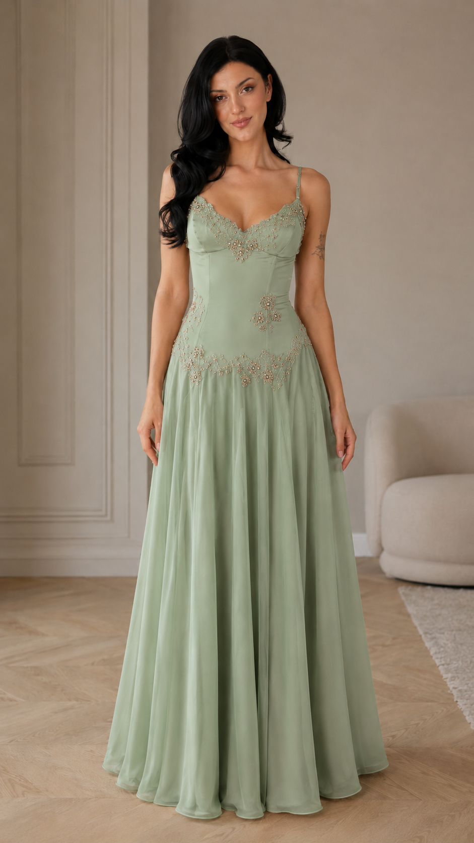 Floral Appliqué A-Line Evening Gown