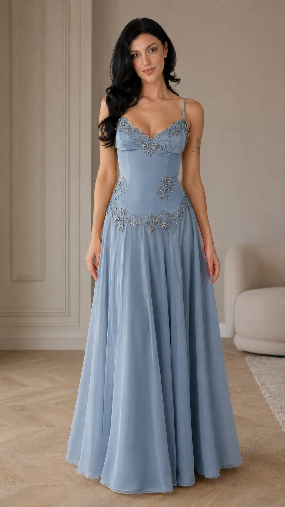 Floral Appliqué A-Line Evening Gown