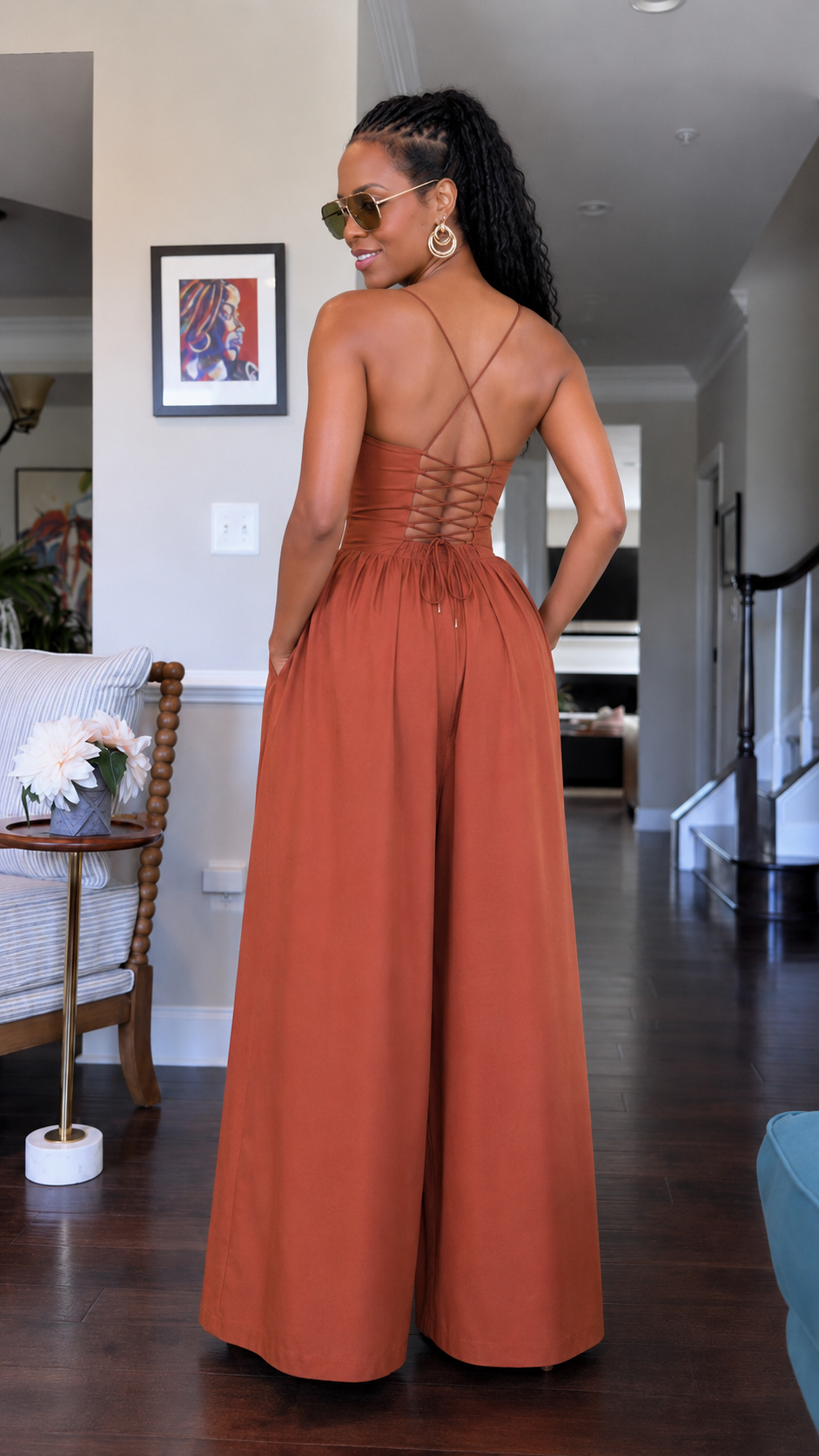 Rust Brown Corset Wide-Leg Jumpsuit