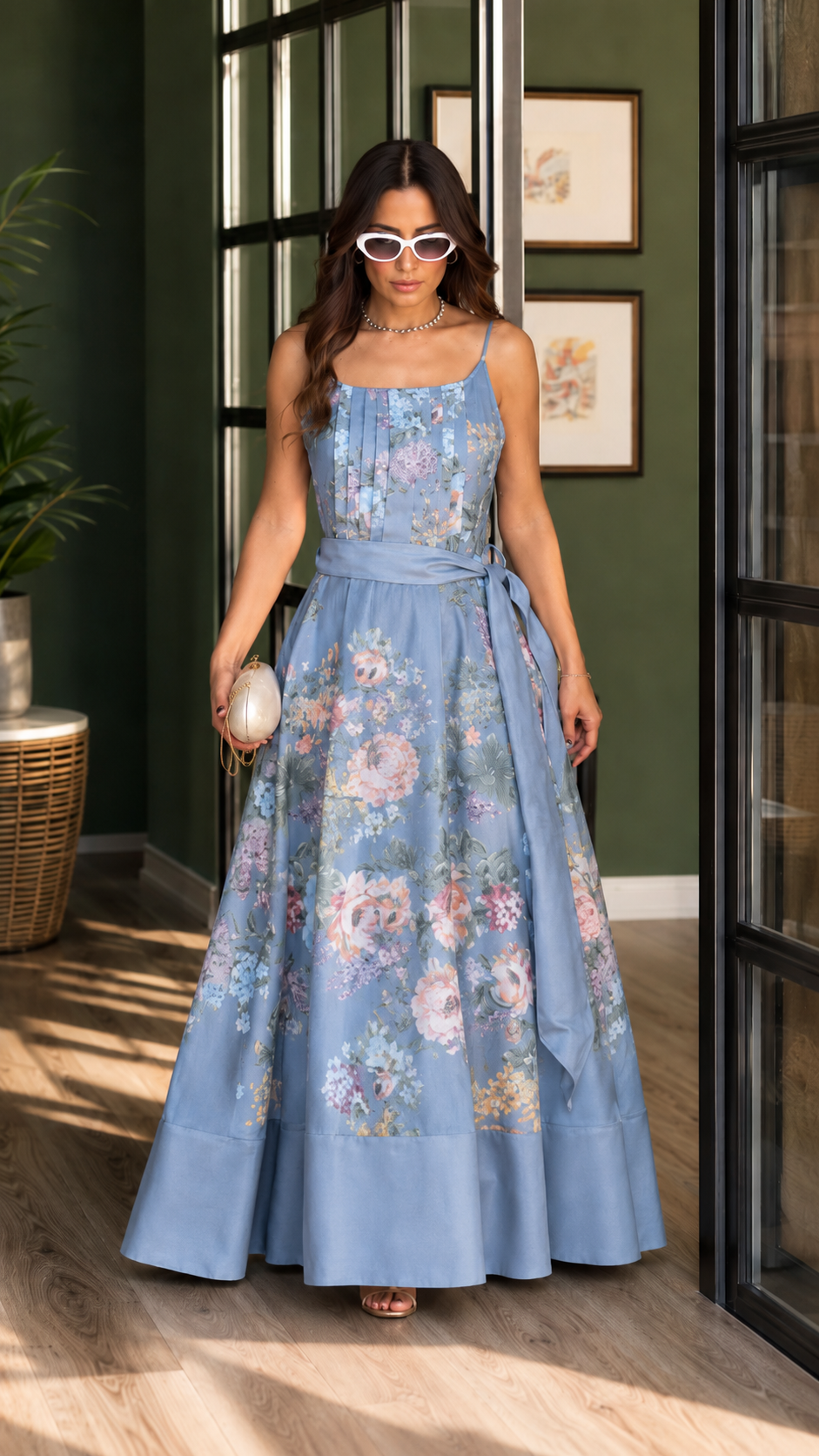 Grey Floral Tie-Waist Maxi Dress