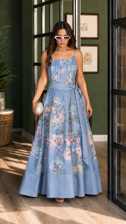Grey Floral Tie-Waist Maxi Dress