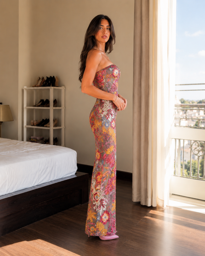 Floral Sequin Strapless Maxi Dress