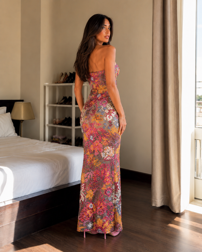 Floral Sequin Strapless Maxi Dress