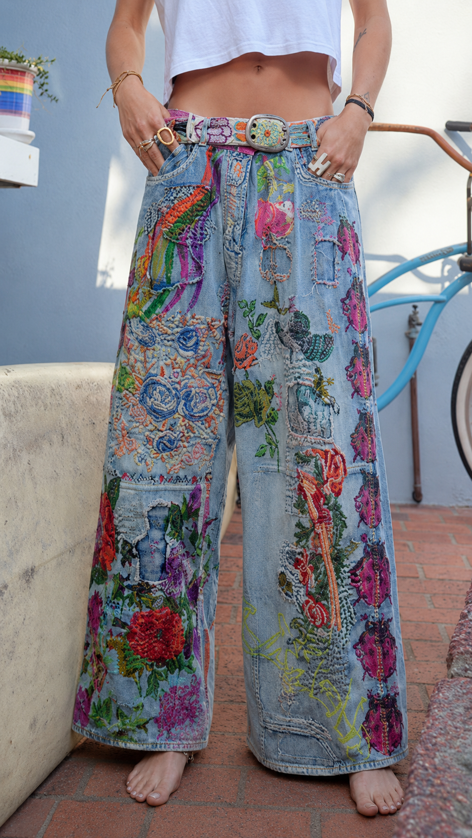 Vintage Art Patchwork Wide-Leg Jeans