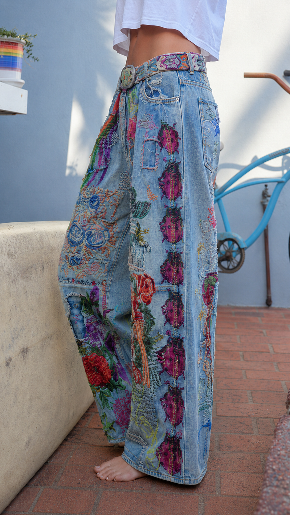 Vintage Art Patchwork Wide-Leg Jeans