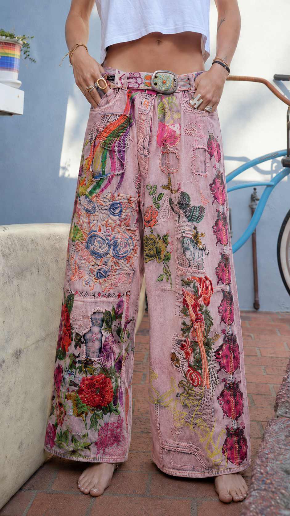 Vintage Art Patchwork Wide-Leg Jeans