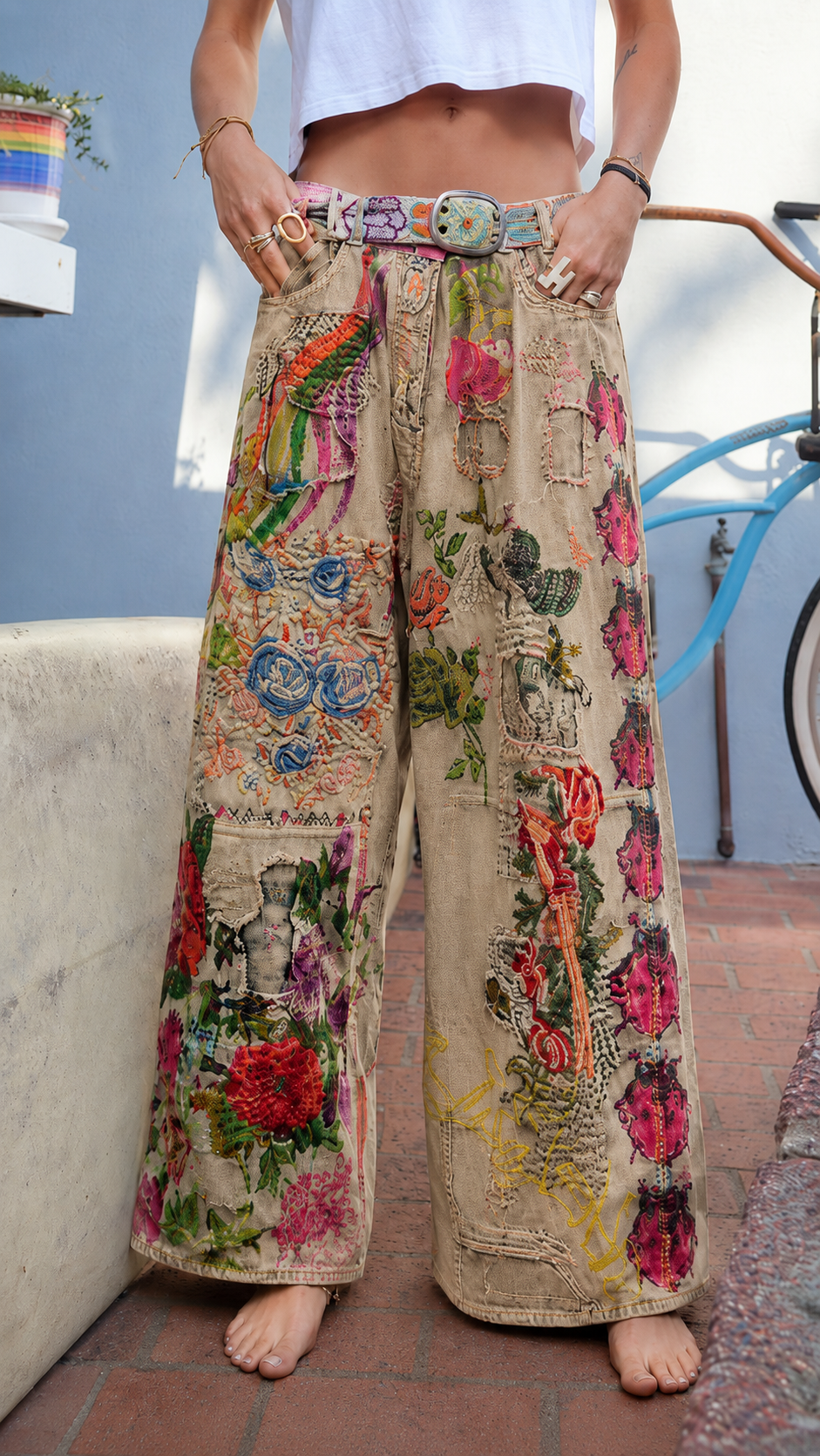 Vintage Art Patchwork Wide-Leg Jeans