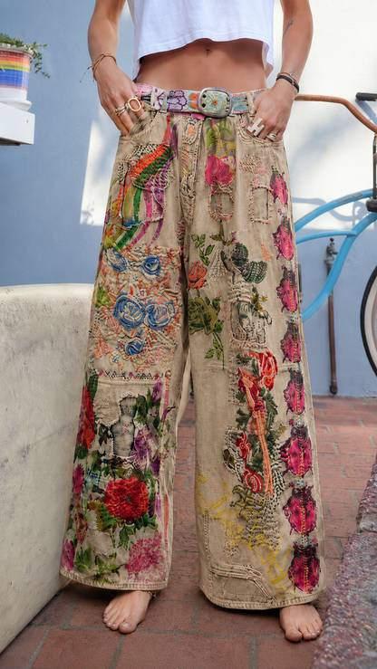 Vintage Art Patchwork Wide-Leg Jeans