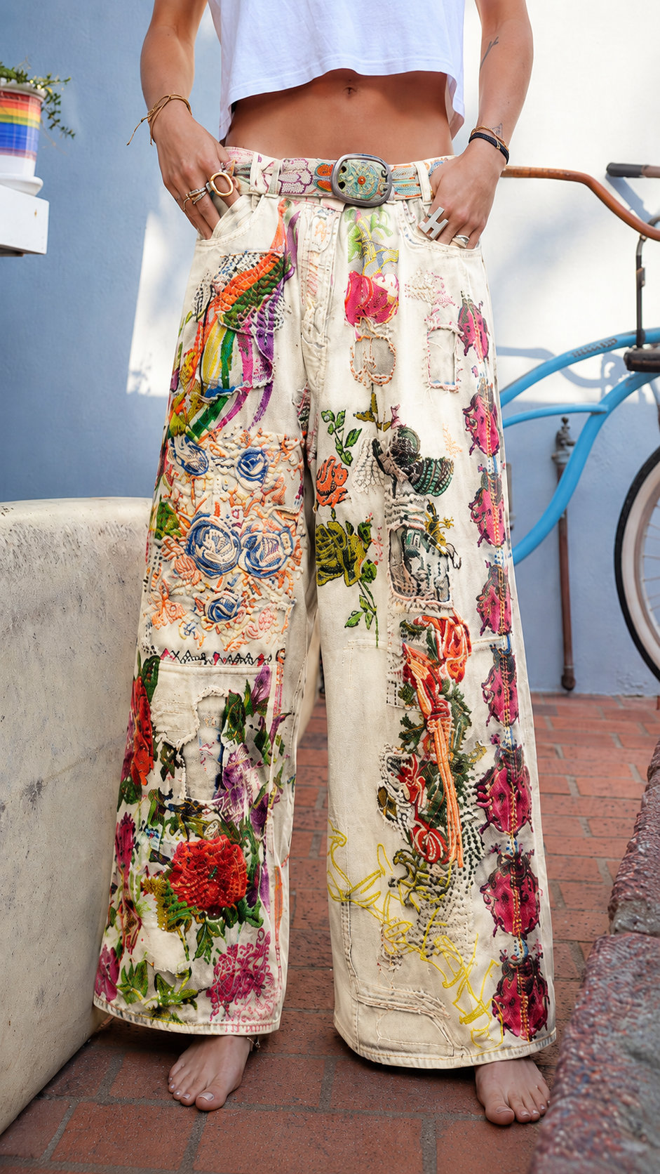Vintage Art Patchwork Wide-Leg Jeans