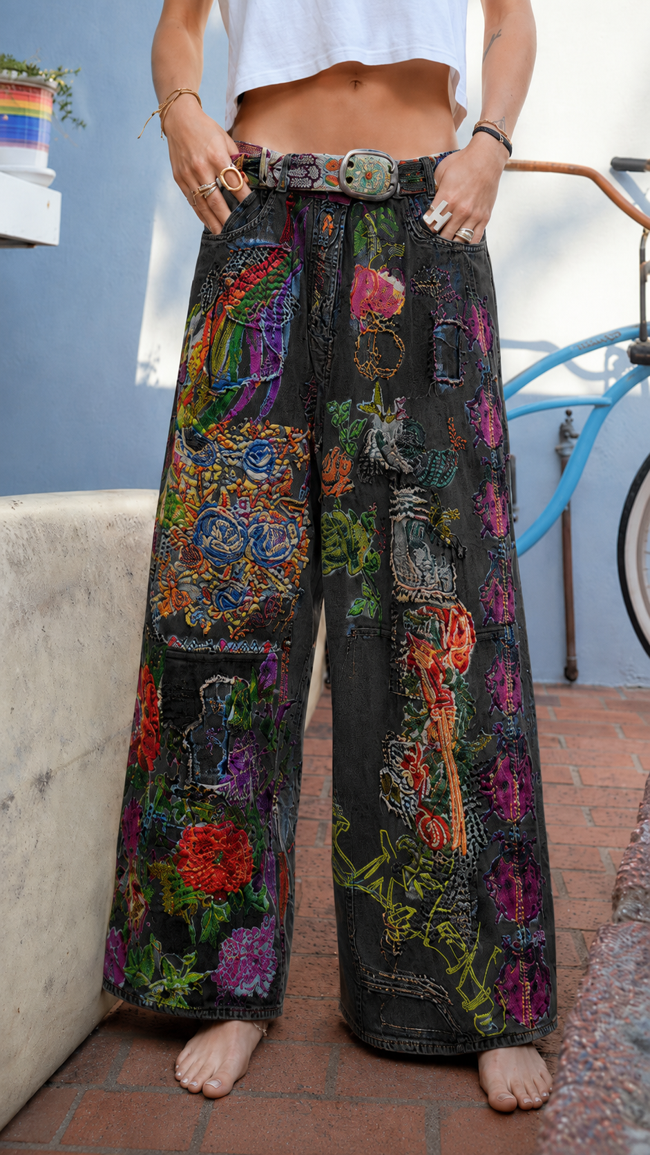 Vintage Art Patchwork Wide-Leg Jeans