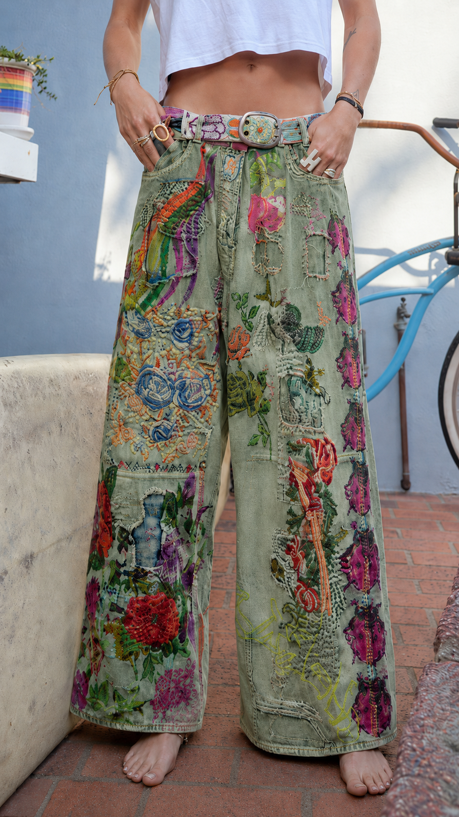 Vintage Art Patchwork Wide-Leg Jeans
