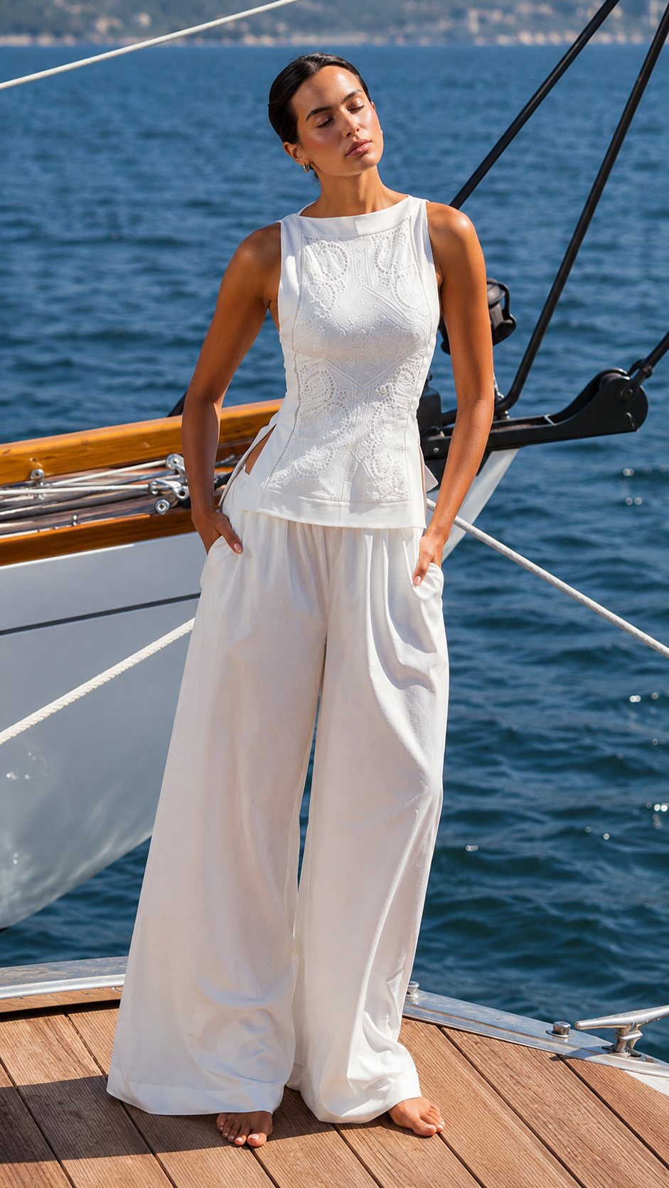 Coastal Elegance Lace Top & Wide-Leg Pants Set