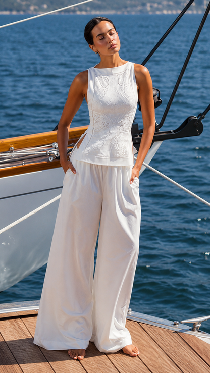 Coastal Elegance Lace Top & Wide-Leg Pants Set