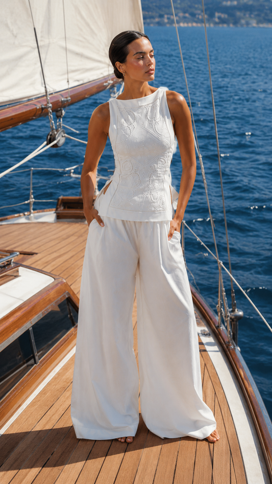 Coastal Elegance Lace Top & Wide-Leg Pants Set