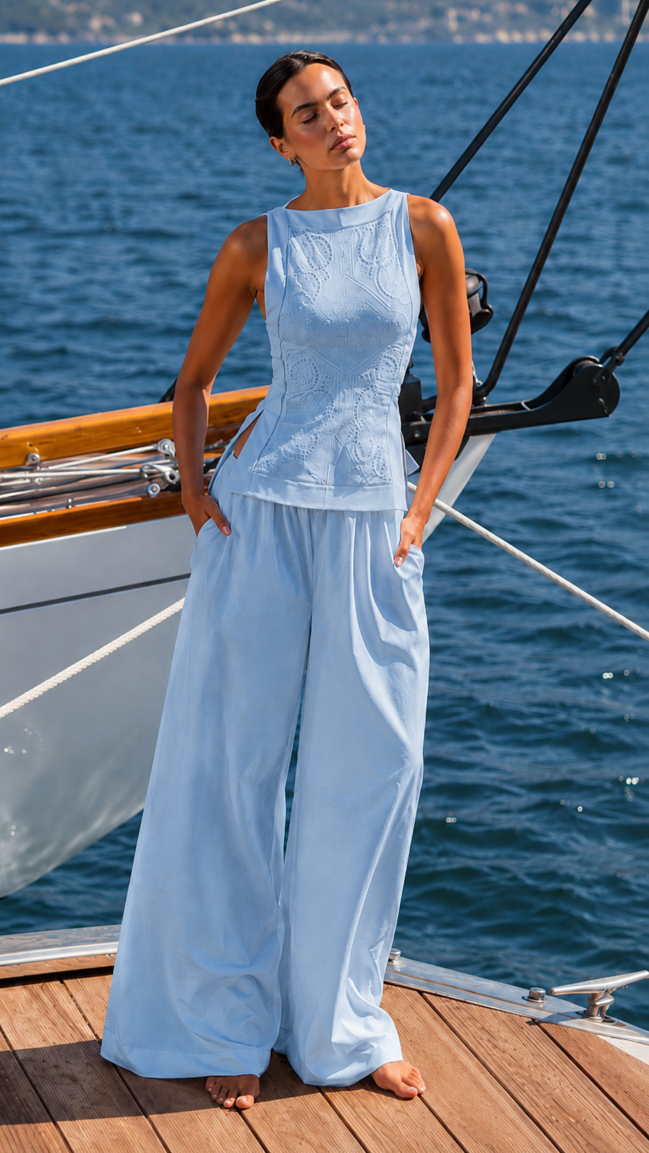 Coastal Elegance Lace Top & Wide-Leg Pants Set