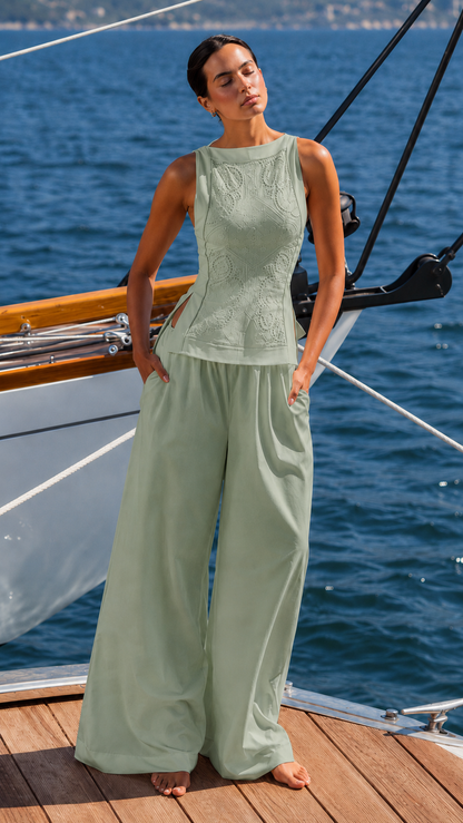 Coastal Elegance Lace Top & Wide-Leg Pants Set