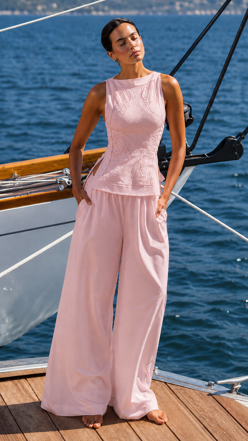 Coastal Elegance Lace Top & Wide-Leg Pants Set