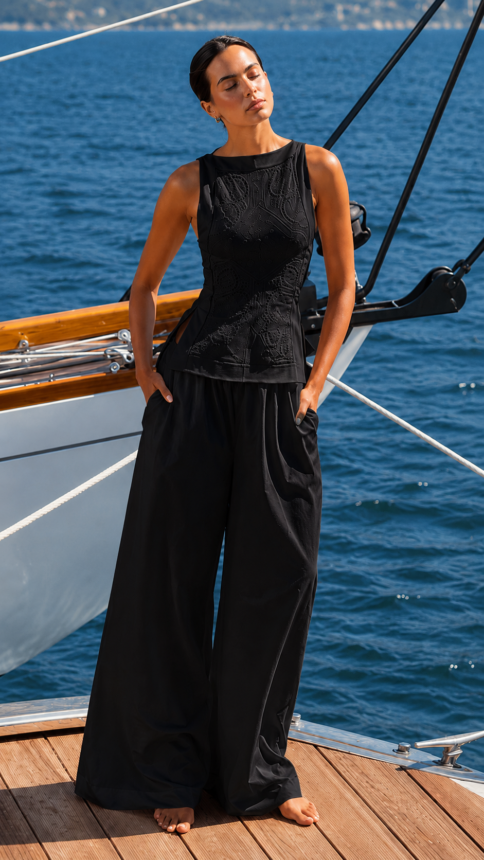 Coastal Elegance Lace Top & Wide-Leg Pants Set