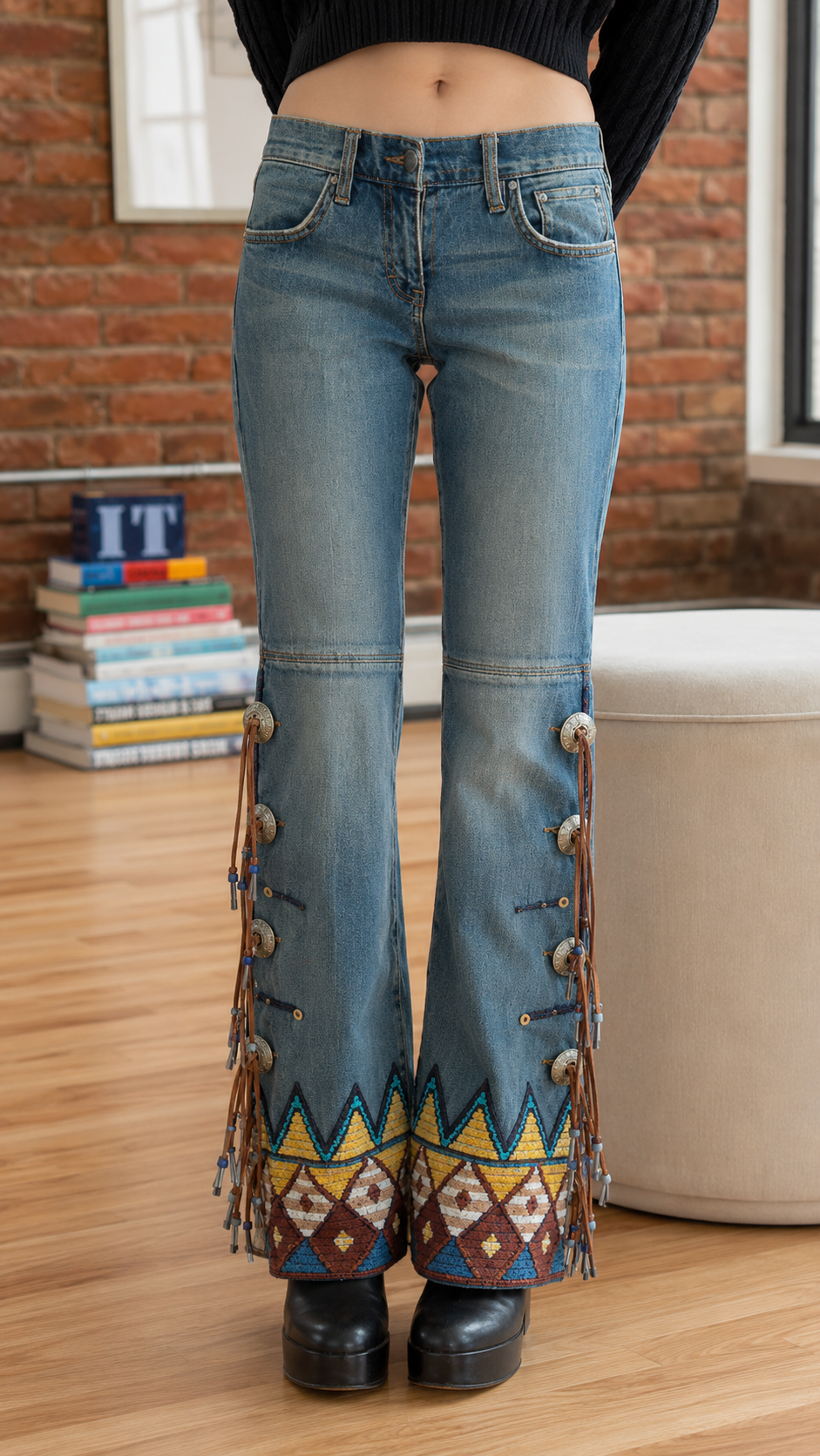 Western Fringe Embroidered Flare Jeans