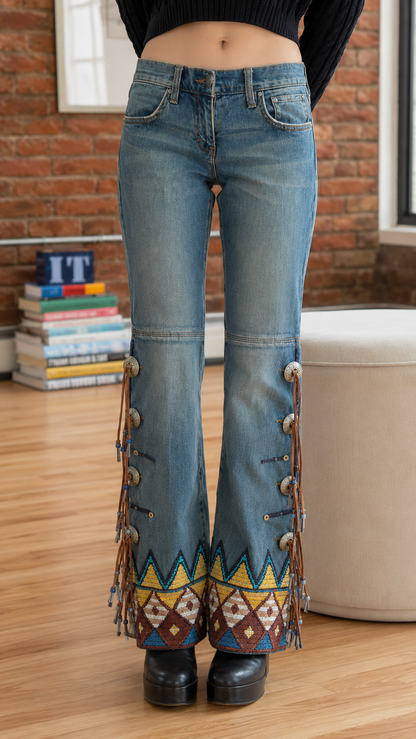 Western Fringe Embroidered Flare Jeans