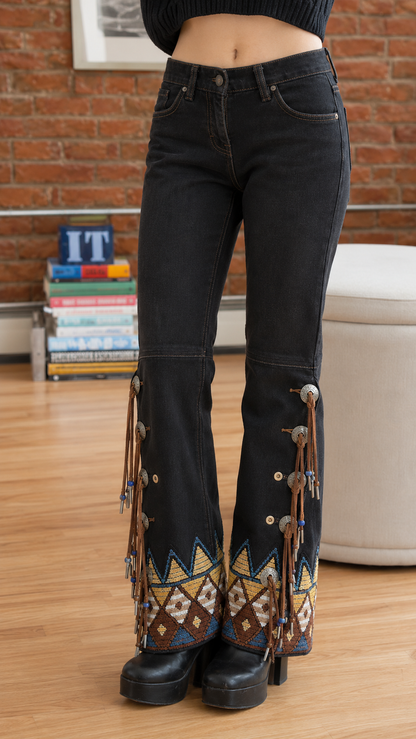 Western Fringe Embroidered Flare Jeans
