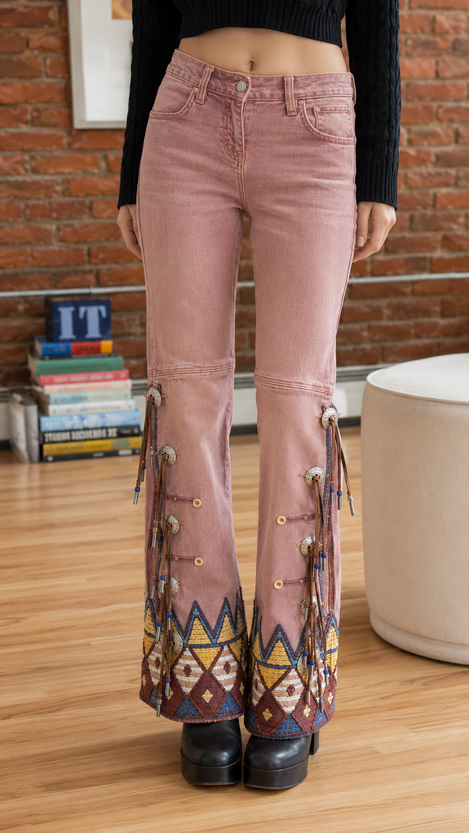 Western Fringe Embroidered Flare Jeans