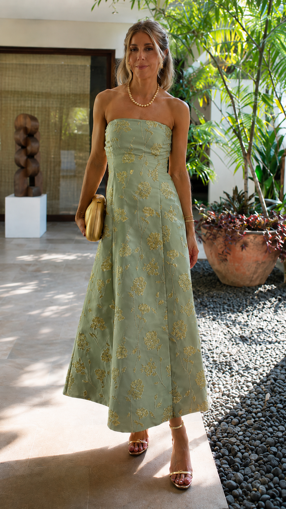 Golden Bloom Strapless Midi Dress