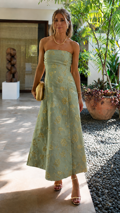Golden Bloom Strapless Midi Dress