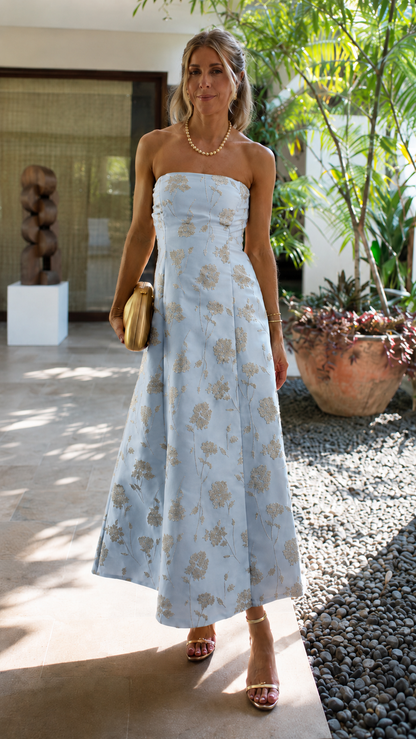 Golden Bloom Strapless Midi Dress