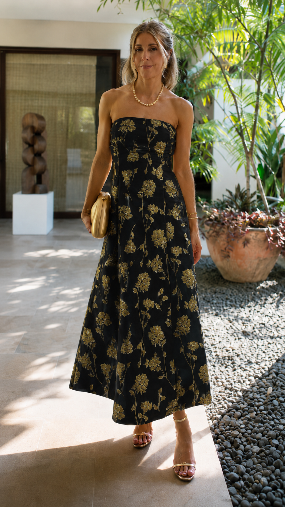 Golden Bloom Strapless Midi Dress