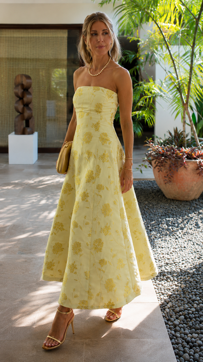 Golden Bloom Strapless Midi Dress