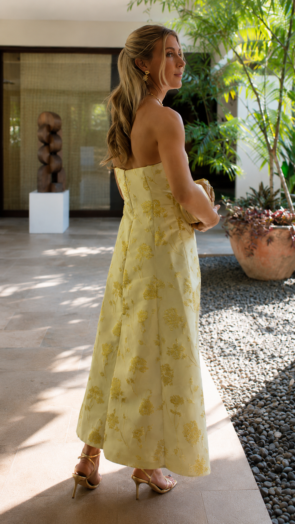 Golden Bloom Strapless Midi Dress