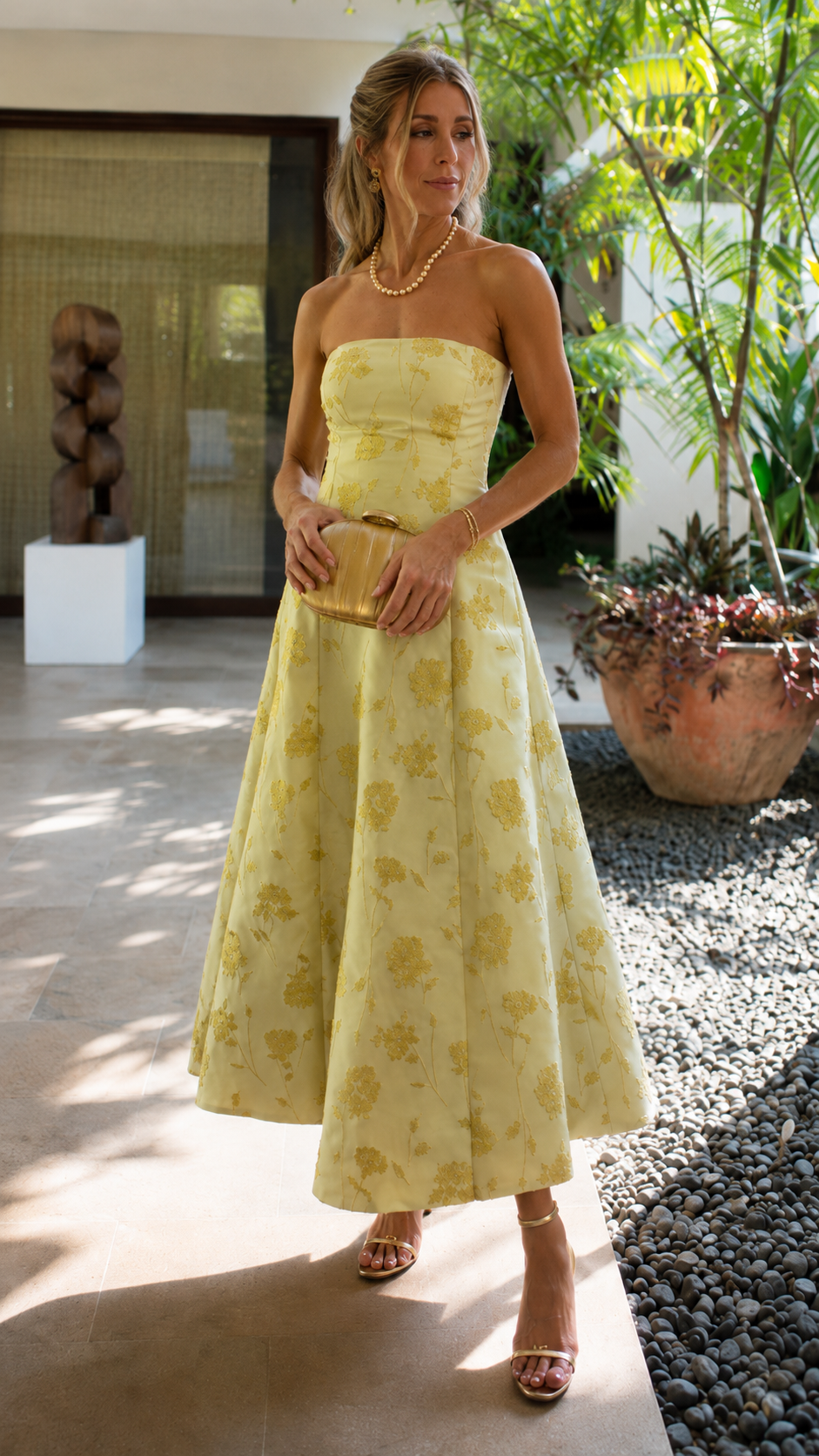 Golden Bloom Strapless Midi Dress